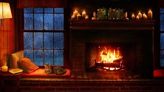 Cozy Cabin Ambience  Rain and Fireplace Sounds at Night 8 Hours for Sleeping Reading Relaxation [upl. by Assetak]