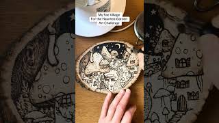 Artist uses pyrography and watercolor to paint a beautiful Fae Village on a wood disc [upl. by Nynahs]