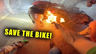 Motorcycle Catches On Fire During Group Ride [upl. by Arolf979]