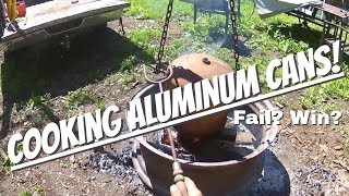 Melting aluminum cans over the fire pit in a propane tank Trying to make ingots [upl. by Animahs]