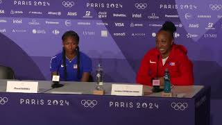 Masai Russell Wins Olympic 100m Hurdles Gold Press Conference [upl. by Adnoral100]