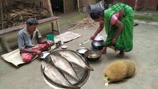 FISH RECIPE cooking and eating with RAW JACKFRUIT by santali tribe couple  indian rural lifestyle [upl. by Aliakim]