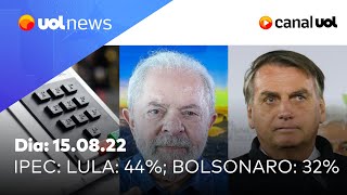 Pesquisa Ipec ao vivo Lula tem 44 e Bolsonaro 32 resultados e análises com colunistas do UOL [upl. by Ynaffit]