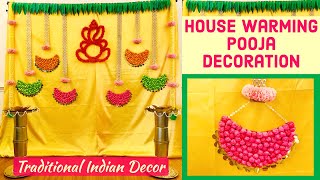 DIY Traditional Indian Backdrop  Housewarming Pooja Decoration Ideas  Sreemantham Decor at Home [upl. by Symer]