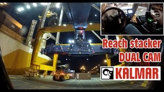 NEW Kalmar KMOTION Reach Stacker at work OPERATORS VIEW DUAL CAM discharging twin 20quot container [upl. by Aicenad]