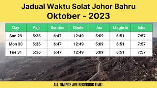 Jadual Waktu Solat Johor Bahru Oktober 2023 [upl. by Siwel949]