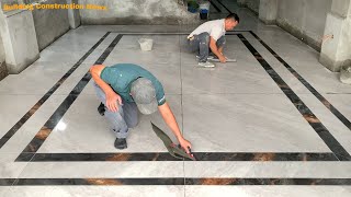 Creative Living Room Floor Construction And Decoration Workers Cut And Decorate Ceramic Tile Borders [upl. by Lainahtan]