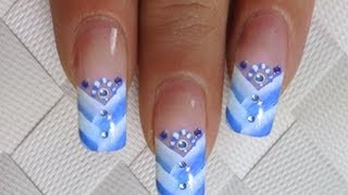 NailArt Design SIMPLE One Stroke Tutorial  in blau  weiss mit Strasssteinchen 23 [upl. by Anoyk]