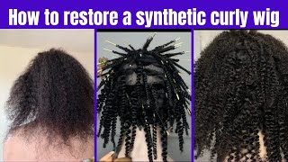 HOW TO RESTORE a SYNTHETIC CURLY WIG  How to revive a synthetic curly wig  old curly wig revamp [upl. by Heddi]