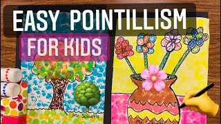 EASY Dot Art for Kids  Drawing Trees amp Flowers w Pointillism Paint Project mrschuettesart [upl. by Enitsenre]