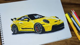 Realistic Car Drawing  Porsche 911 GT3 Racing Yellow  Time Lapse [upl. by Volnay870]