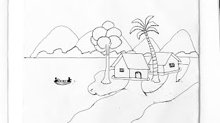 How to draw a village। easy and beautiful village scenery। village house drawing easy । [upl. by Felix]