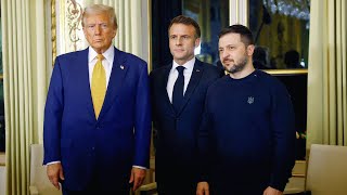 Trump Macron Zelenskyy meeting and handshakes in Paris before NotreDame Cathedral reopening [upl. by Enyawad]