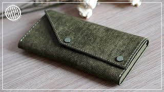 Leather Craft Two button long wallet  Making a Leather Purse [upl. by Obla]