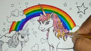 Cute Colourful 🦄 😍 Unicorn  Unicorn Drawing 🖍🎨Color🌈 Rainbow Unicorn Coloring 🎨 [upl. by Noffihc]