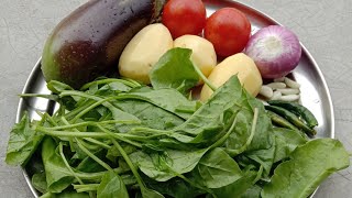 Aloo Begun Palong Shaak er RecipeHow to make Potato Brinjal Spinach Recipe quotBengali stylequot [upl. by Asila]