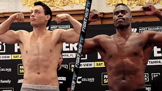 Julio Caesar Chavez Jr vs Uriah Hall • Full weigh in video [upl. by Ahsetel725]