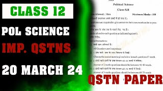 Class 12 Pol Science Question Paper Important Questions [upl. by Essila]