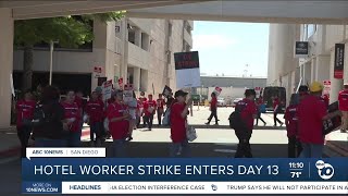 Hotel workers continue strike at Hilton Bayfront for 13th day [upl. by Ainaled]