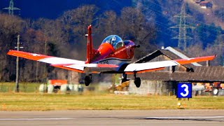 Swiss Air Force PC7 Takeoff Towards the Mountains from Meiringen Air Base 4K [upl. by Hyps]