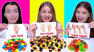 ASMR One Hand Two Hands Three Hands Candy Race Eating Challenge [upl. by Kamillah]