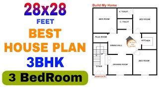 28 X 28 HOUSE PLAN II 28 X 28 GHAR KA NAKSHA II 28 X 28 3 BHK HOUSE PLAN  Build My Home [upl. by Prady464]