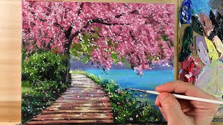 How to Paint Cherry Blossom Tree Landscape  Acrylic Painting  Correa Art [upl. by Jarrid789]