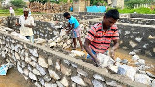 Strongest Foundation ConstructionStone Masonry Basement Wall Build with Natural StoneampCementmixer [upl. by Nalhsa94]