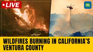 Aerial view of wildfires burning in Californias Ventura county [upl. by Tullius]