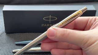 Parker Jotter Waterloo Blue Steel Gold Trim Sky blue modern Ballpoint pen [upl. by Everest683]