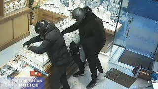 Dramatic smashandgrab robbery at west London jewellers is caught on CCTV [upl. by Hanafee729]