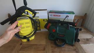 Karcher K2 Compact vs Bosch Aquatak 110  Review amp Comparison  The Best Budget Pressure Washer [upl. by Bocyaj]