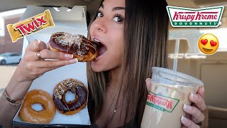 KRISPY KREAMES NEW TWIX STUFFED DONUTS MUKBANG [upl. by Nosyerg49]