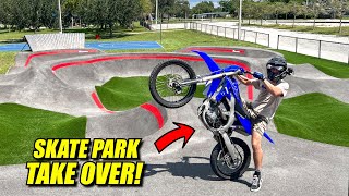 TAKING 450 DIRT BIKE IN THE SKATE PARK [upl. by Nennarb]