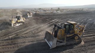 Five Caterpillar D9T And Komatsu D275 Bulldozers In Action  Aerial View [upl. by Yblok918]