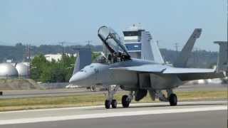 Close up taxi and LOUD after burner take off F18 super hornet at Boeing Field Seattle Seafair 2012 [upl. by Manno]