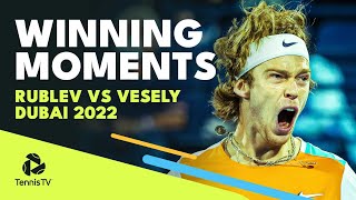 Andrey Rublev Championship Point Interview amp Trophy Lift  Dubai 2022 Final Highlights [upl. by Assilana]