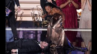 Jimmy Kimmel draws backlash after lying on ground during Quinta Brunson’s [upl. by Yeldah101]