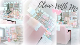 CLEAN AND ORGANIZE MY BEAUTY ROOM AND MAKEUP VANITY WITH ME☕️👑💕 SLMissGlam☕️💕 [upl. by Ahsekar]