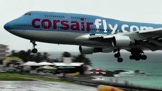 Corsairfly  Boeing 747 Landing during Heavy Rain at St Maarten Princess Juliana Intl Airport [upl. by Boswall]