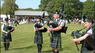 Huntly Pipe Band playing Braes of Killiecrankie during 2023 Oldmeldrum Highland Games in Scotland [upl. by Ahcila]