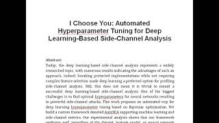 I Choose You Automated Hyperparameter Tuning for Deep Learning Based Side Channel Analysis [upl. by Loyce]