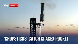 SpaceX completes world first landing after rocket booster caught by mechanical arms [upl. by Enailuj]