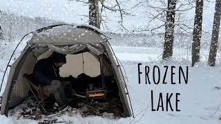 HOT TENT Camping in a SNOW STORM by a Frozen Lake [upl. by Katha89]