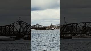 Swing style RR bridge open for barge houseboat [upl. by Strain]