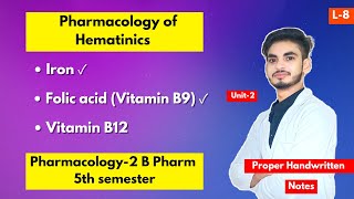 L8। U2। Hematinics Pharmacology। B Pharm 5th semester। Iron। Folic acid। Vitamin B12। Shahruddin। [upl. by Olsewski]