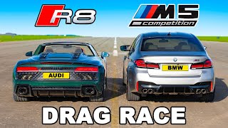 625hp BMW M5 v 620hp Audi R8 V10 DRAG RACE [upl. by Settle]