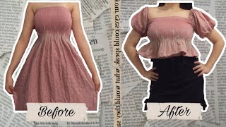 Thrift flip DIY trendy puff sleeves smocked top from old tube dress [upl. by Yeslehc]