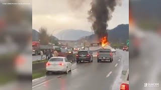 Fiery crash leaves people injured closes Highway 1 between Chilliwack and Abbotsford [upl. by Neve]