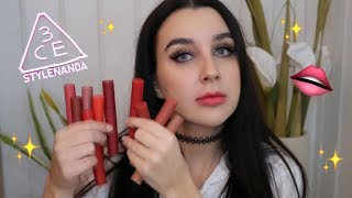 SWATCH amp REVIEW STYLENANDA 3CE VELVET LIP TINT💋 ALL 10 SHADES [upl. by Hinze505]